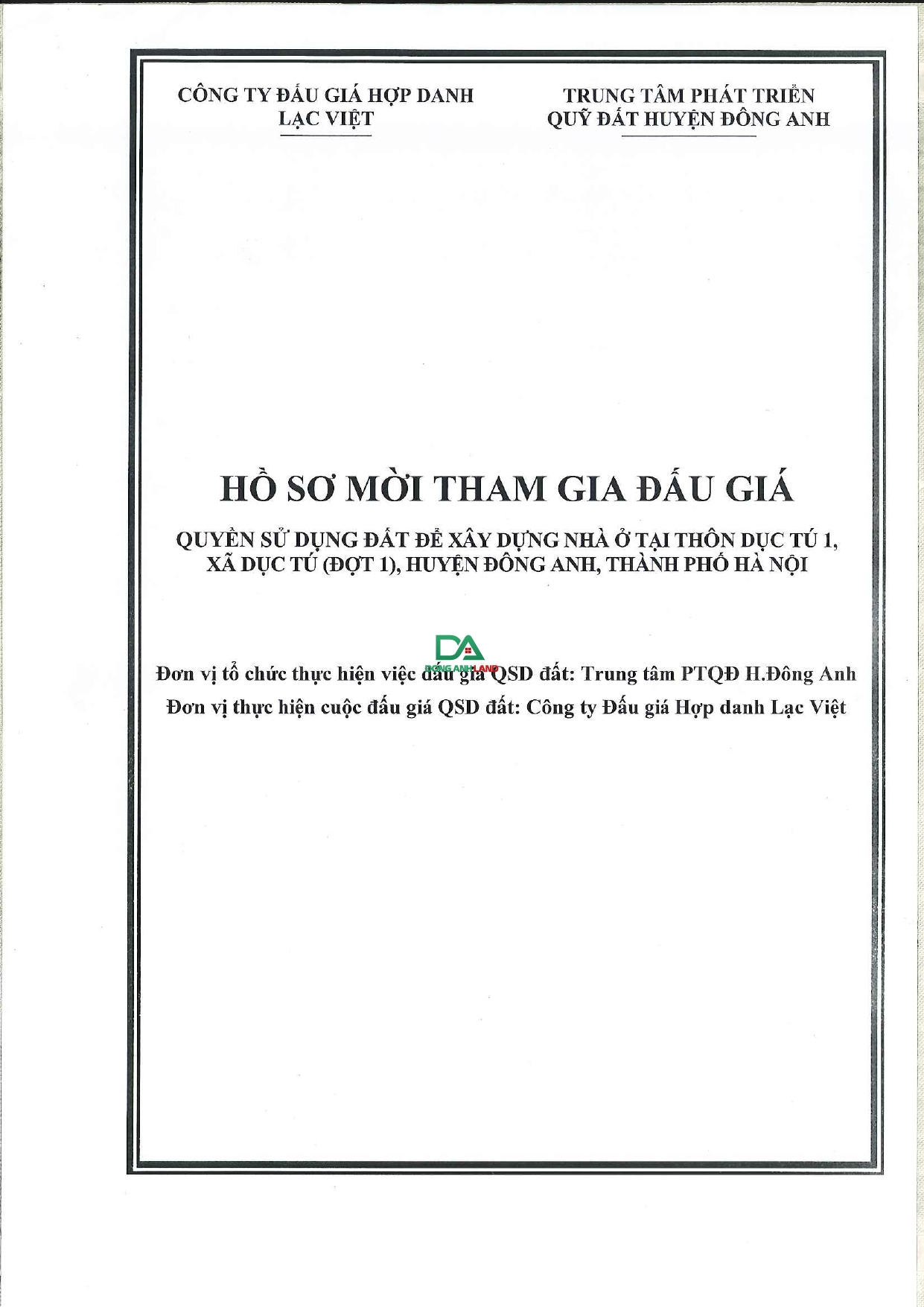 Thông báo đấu giá quyền sử dụng đất tại thôn Dục Tú 1, Xã Dục Tú, huyện Đông Anh ( Đợt 1)